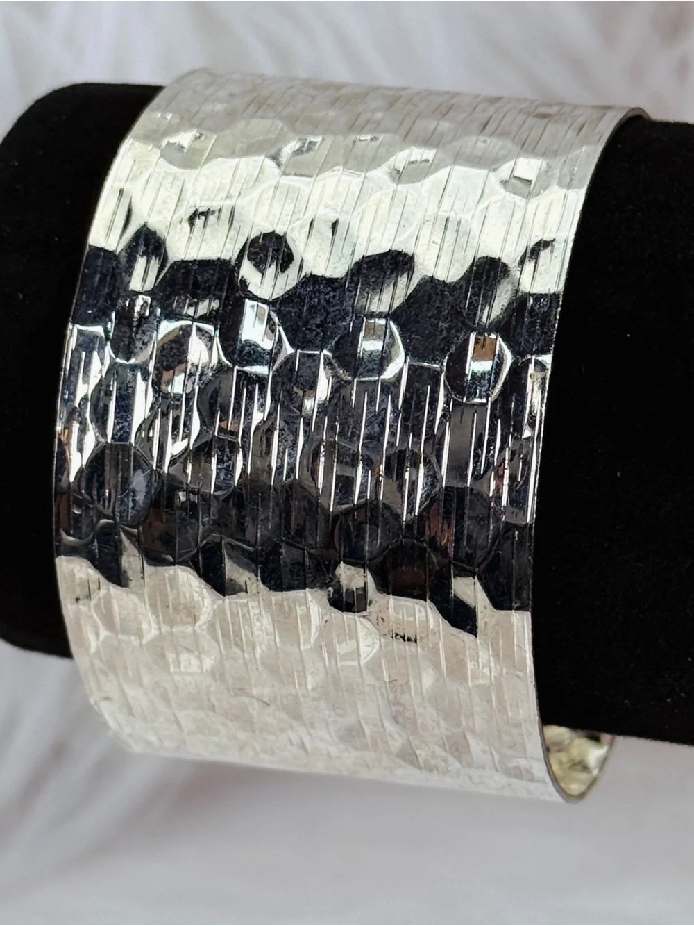Wide Silver Cuff Bracelet Hammered Textured Reflective Statement Open Bangle